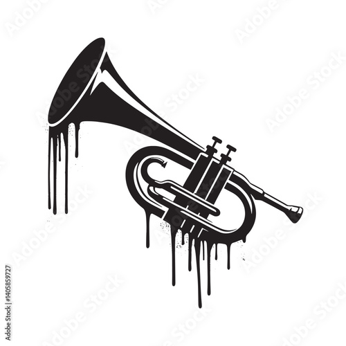 Stylized Bugle Graphic Drips with Modern Grunge Appeal in Monochrome