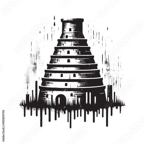 Stylized black and white tower with grunge and spray paint effects