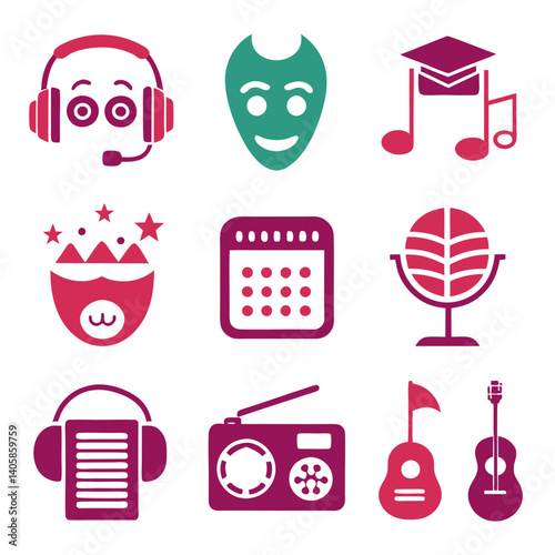 Icons for podcasting, radio, music, theater, and events