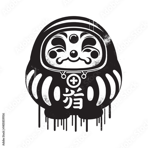 Stylized Daruma Doll in Black and White with Grunge Spray Effects