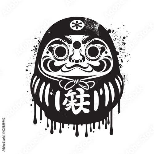 Stylized Daruma Doll Illustration in Black and White with Grunge Texture