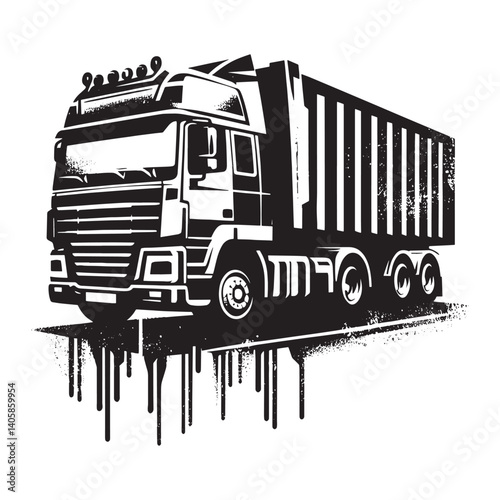 Stylized Dump Truck Illustration with Spray Paint Drips and Grunge Texture