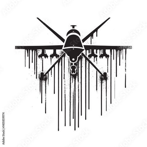 Stylized drone silhouette with dripping ink effect in black and white