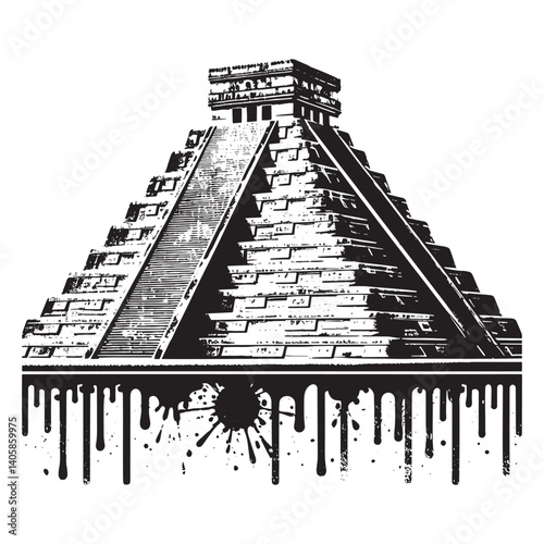 Stylized depiction of an ancient pyramid structure with a spray paint effect