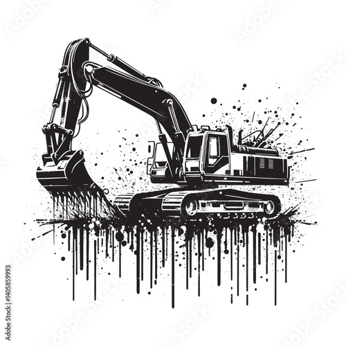 Stylized dragline excavator illustration in stencil art with grunge effects