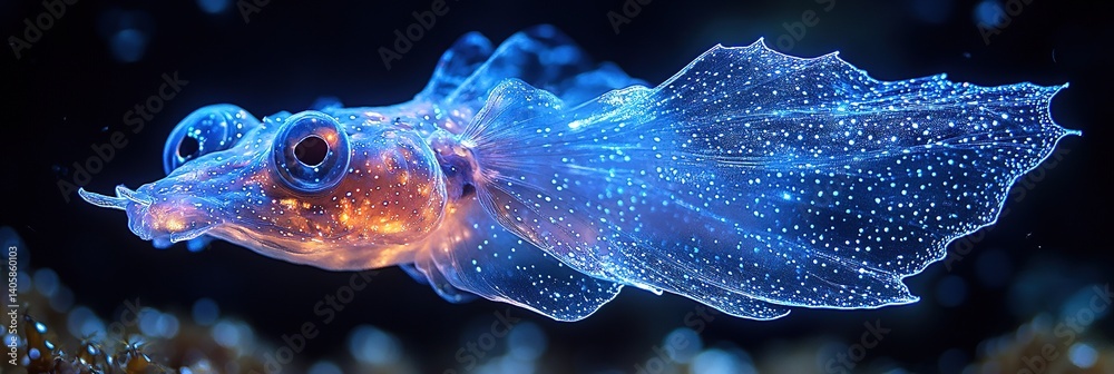 Fototapeta premium Transparent fish with orange head swims in dark water close up.