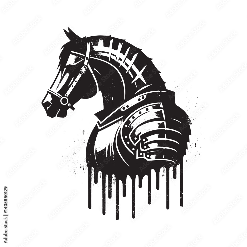 Stylized horse head in armor with dripping paint effect on white background