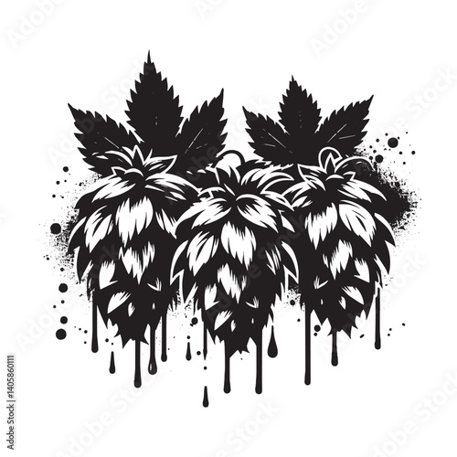 Stylized hops illustration with grunge texture and dripping paint effect