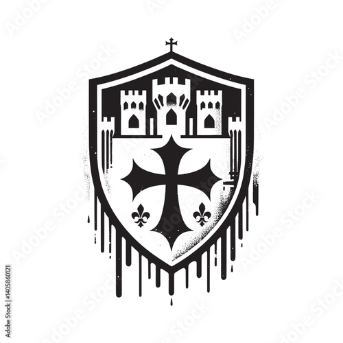 Stylized Heraldic Shield with Castle and Cross in Distressed Medieval Design