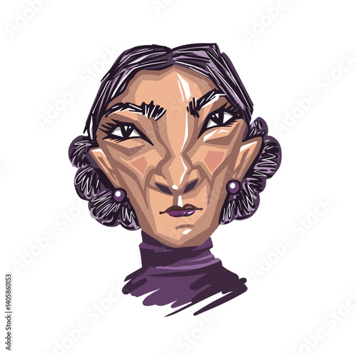 Sticker surprised granny face line black and white vector