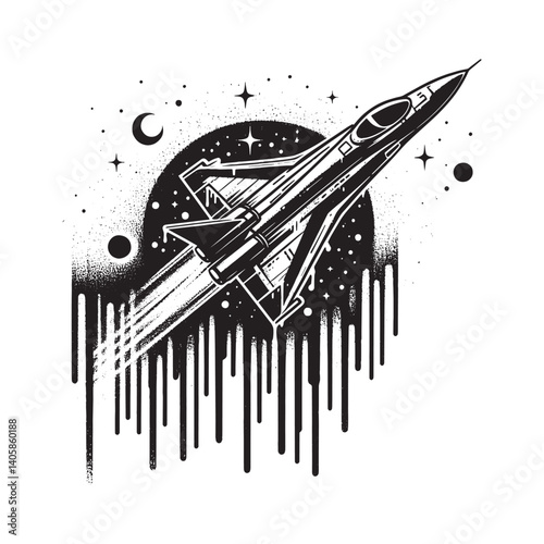 Stylized jet illustration with spray paint effect against a cosmic background