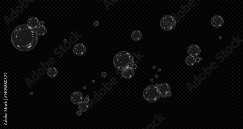A set of colourful soap bubbles for creating designs. Isolated, transparent, realistic soap bubbles on a black background. Bubble,bulbashka. PNG
