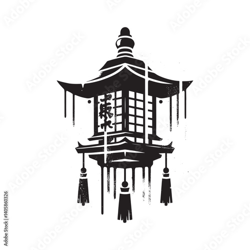 Stylized Japanese Lantern with Grunge Texture and Isolated Design Element
