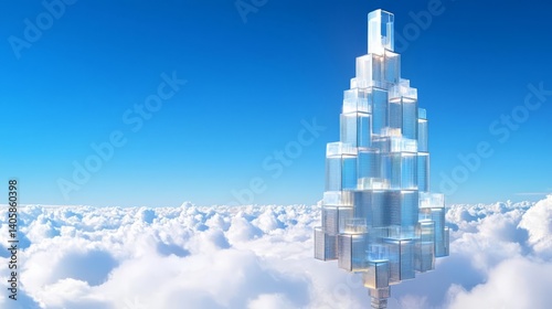 A futuristic skyscraper emerges above the clouds, showcasing modern architecture against a serene blue sky.