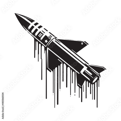 Stylized monochrome missile graphic dripping with grunge texture paint design