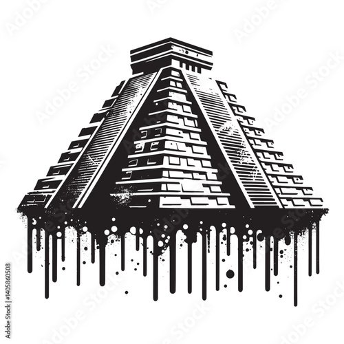 Stylized monochrome mayan pyramid with stencil and dripping spray paint effect