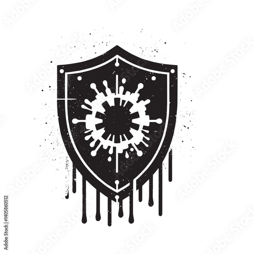 Stylized monochrome shield with dripping paint and spray, a grungy minimalist vector