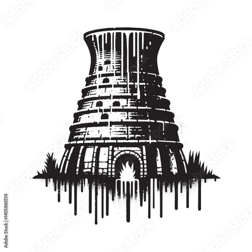 Stylized monochrome lime kiln vector illustration with grunge dripping effects