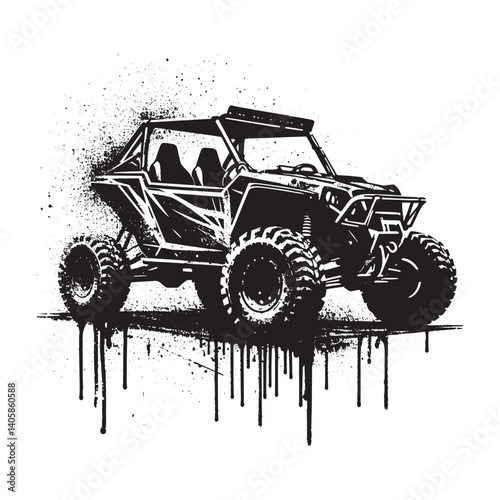 Stylized off-road buggy illustration in black and white with grunge effect
