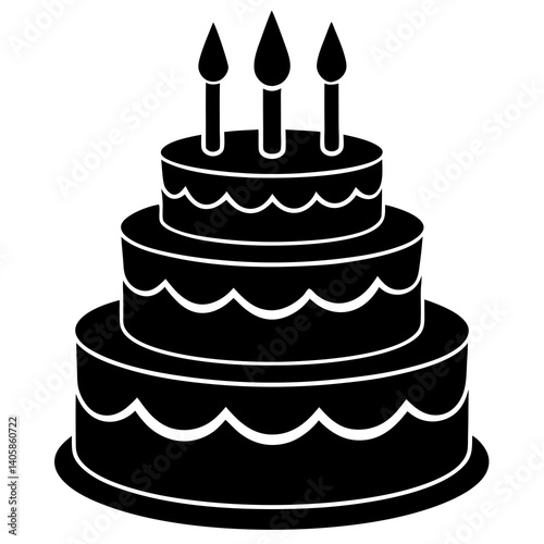 Three Tier Birthday Cake Silhouette with Candles Vector Illustration