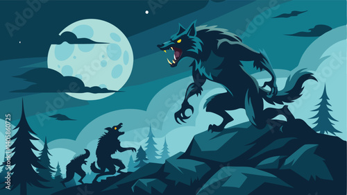 Wolf howling silhouettes against a full moon with mountains and forests in a night sky illustration