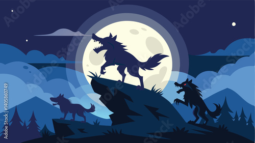 Wolf howling silhouettes against a full moon with mountains and forests in a night sky illustration