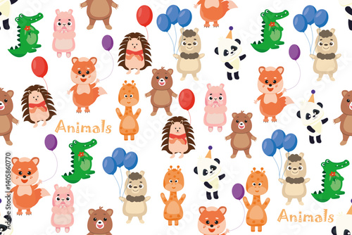 Colorful vector pattern on a white background with cute animals like fox, bear, panda, giraffe, crocodile, hedgehog and balloons.Perfect for children's themes and playful designs.