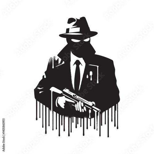 Stylized shadowy figure in suit, stencil aesthetic with paint drip effects