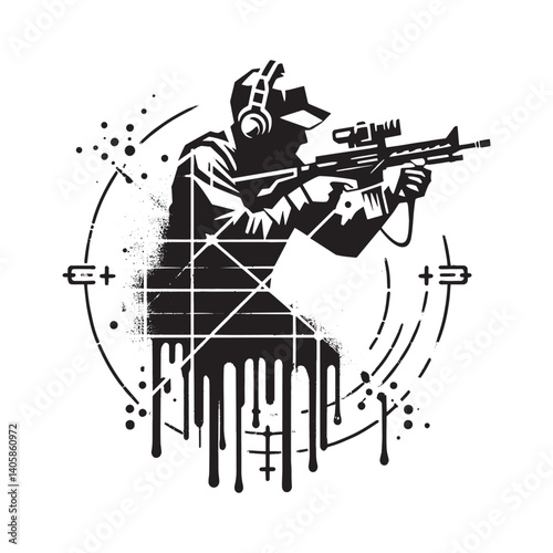 Stylized Silhouette of Armed Figure within a Grungy Tracking Scope Element