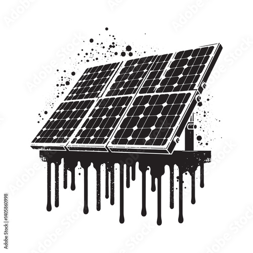 Stylized Solar Panels Illustration with Dripping Paint and Grunge Texture