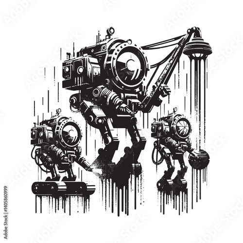 Stylized space mining robots illustration featuring dripping spray design
