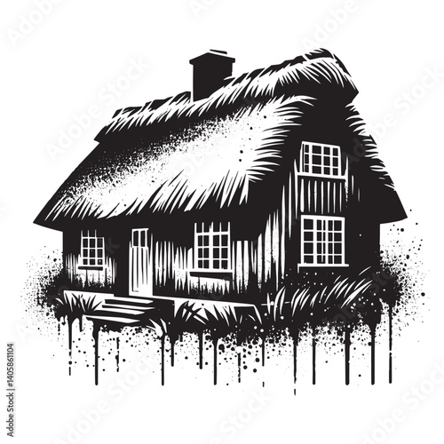 Stylized Thatched Roof Cottage in Black and White Grunge Vector Art