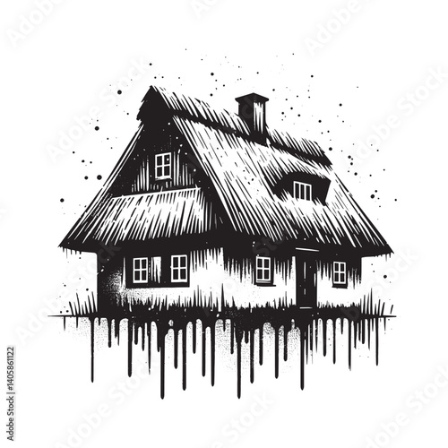 Stylized Thatch Roof House Illustration with Grunge Texture and Drip Effect