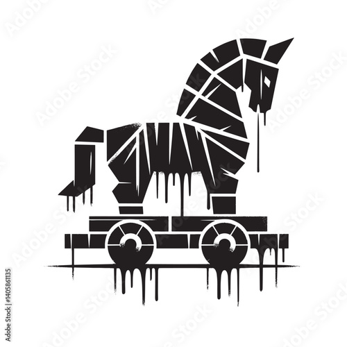 Stylized trojan horse silhouette with grunge dripping spray paint effect
