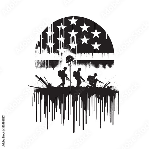 Stylized tribute to soldiers with an American flag backdrop in black and white