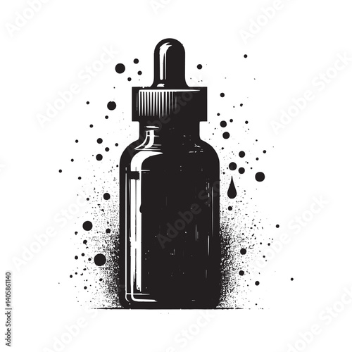 Stylized vector illustration of amber glass dropper bottle with grunge effect