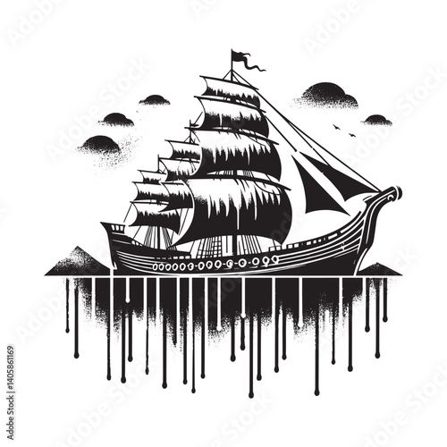 Stylized Trireme Illustration with Spray Paint Drips and Grunge Effects