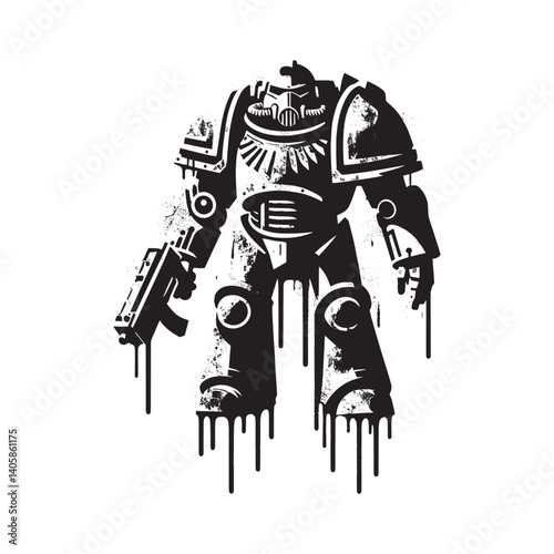 Stylized warrior silhouette with grunge drips in black and white design