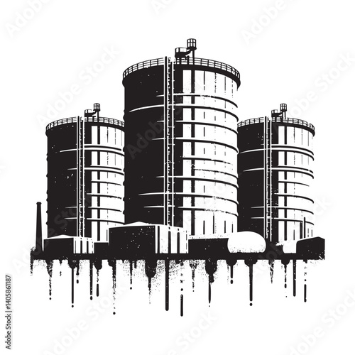 Stylized water storage tanks with dripping paint effect in industrial design