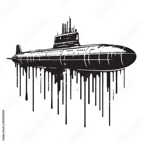 Stylized Yasen-class Submarine Illustration with dripping ink effect in graphic style