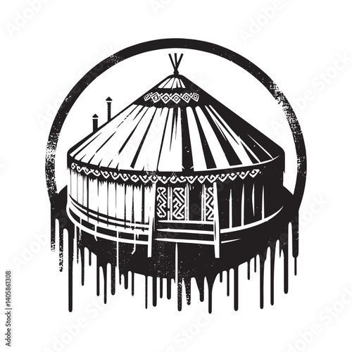 Stylized yurt drawing in black and white with grunge dripping spray effect