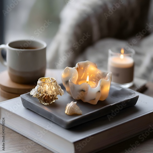 Cozy Home Decor Scented Candles Tea and Seashells on Books