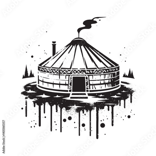Stylized Yurt Illustration in Grunge Stencil Style with Spray Paint Effect