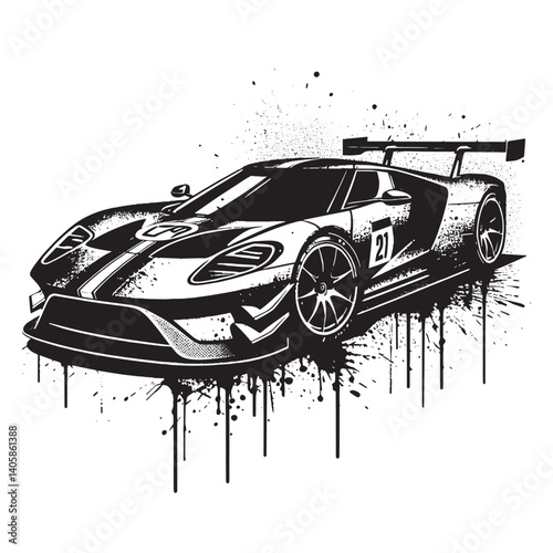 Super GT Car Illustration with Distressed Ink Splatter Effects in Black and White