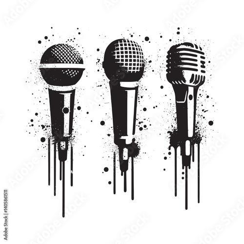 Three iconic microphones rendered in bold stencil style with dripping paint effects