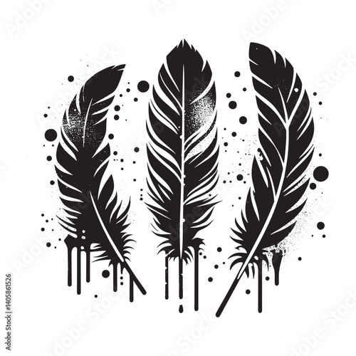 Three Black Feathers Spray Paint Stencil Dripping Grunge Minimalist Vector Isolated