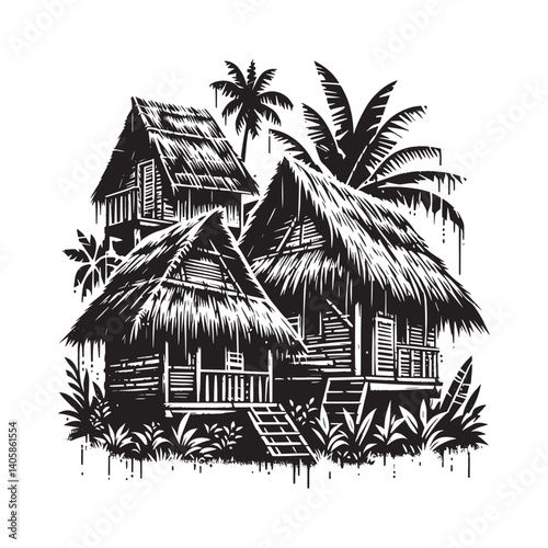 Tropical village huts in grunge stencil art style, bw monochrome design