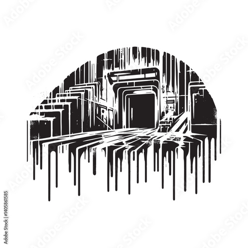 Underground facility in black and white stencil style, grunge texture