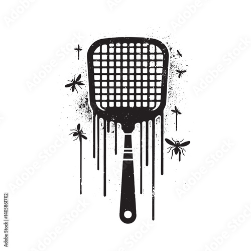 Vector Grunge Flyswatter with Dripping Paint and Insects Silhouette