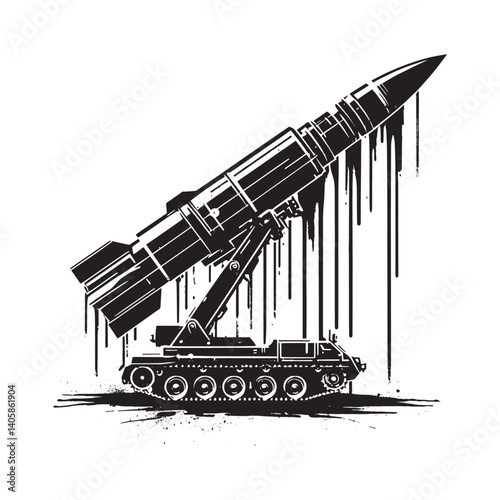 Vectorized anti-tank missile launcher on a tracked platform with spray paint effect